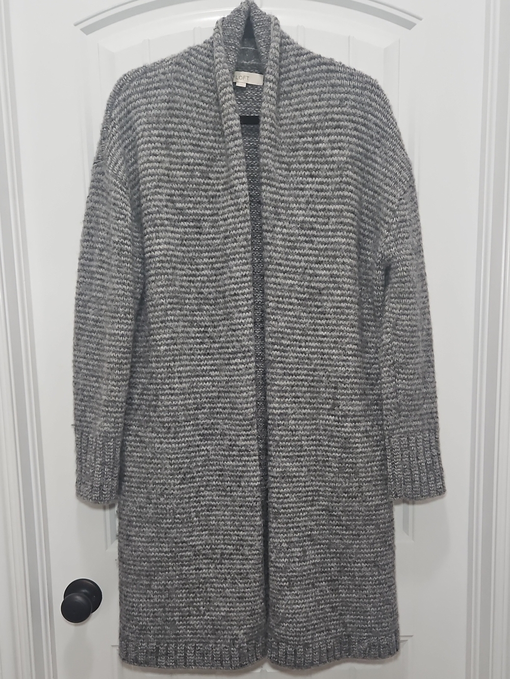 LOFT Gray Marled Open-Front Long Cardigan Knit Sweater Medium Merino Wool/Alpaca